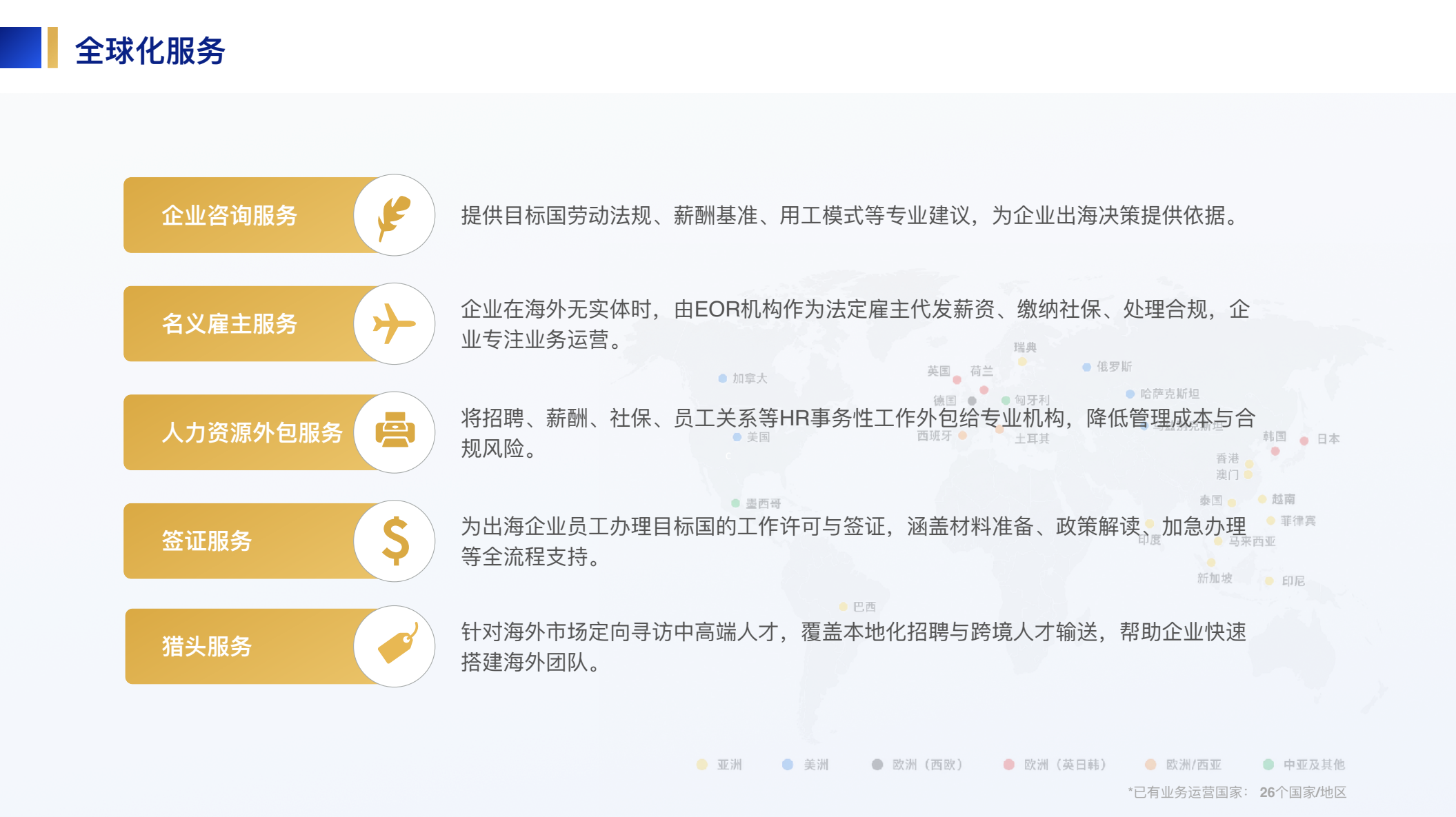 公司介绍资料中列示的全球化服务项目实页